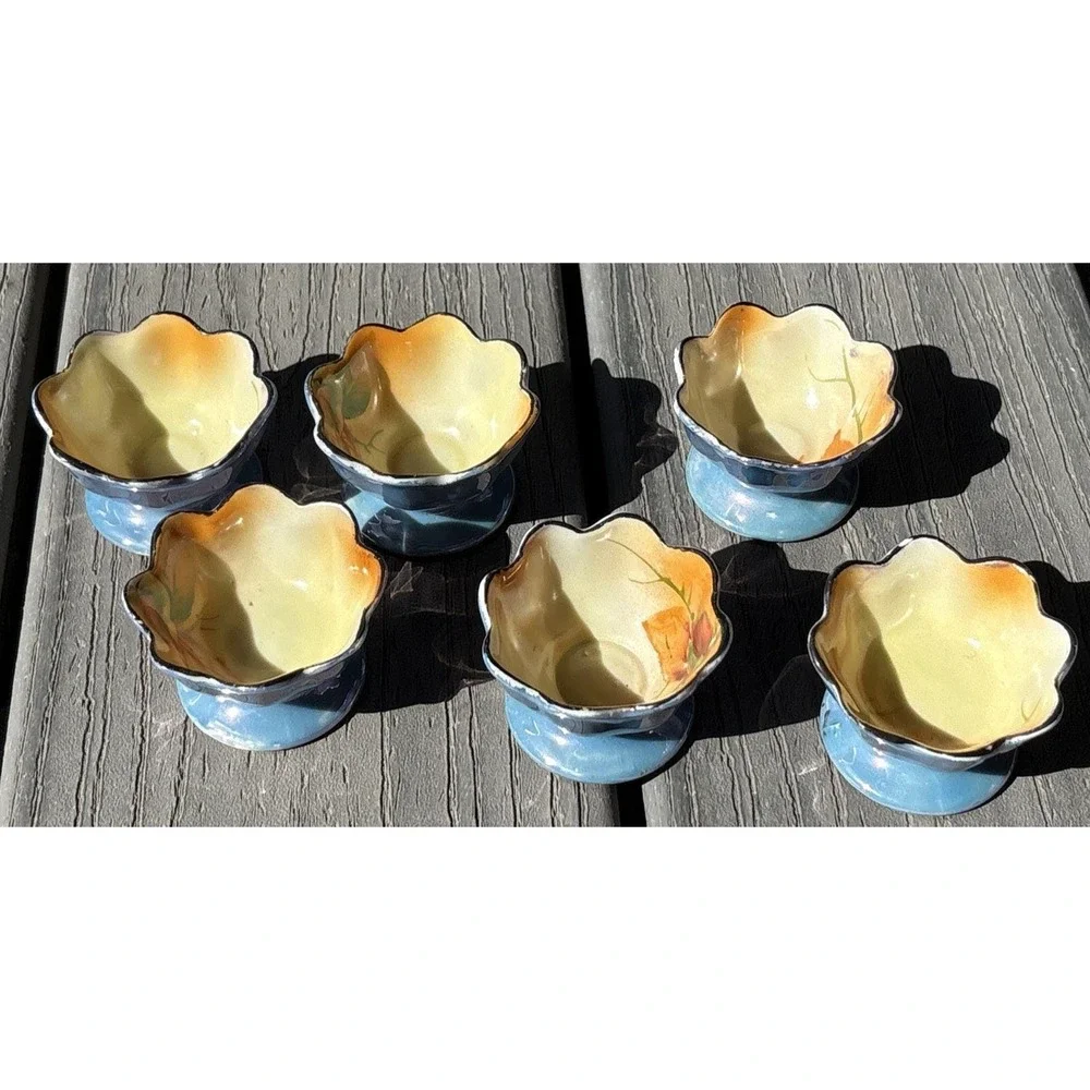 Vintage Lustre Open Salt Cellars‎ dessert Bowls Orange Blue floral Set Of 6